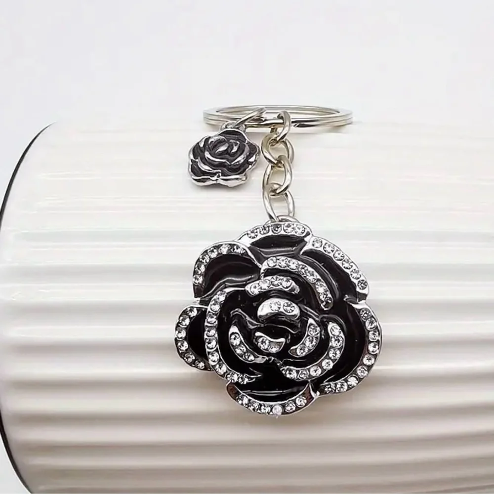 NEW Black Camellia Rhinestone Bag Charm Keychain Silver Tone NWT